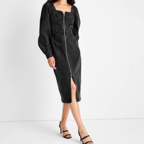 Future Collective Dresses & Skirts - Future Collective Black Puff Long Sleeve Zip-Front Denim Dress